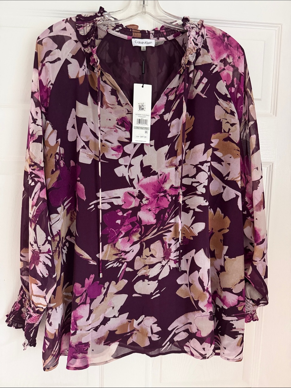 Calvin Klein Plum & Pink Floral Tie-Neck Tunic